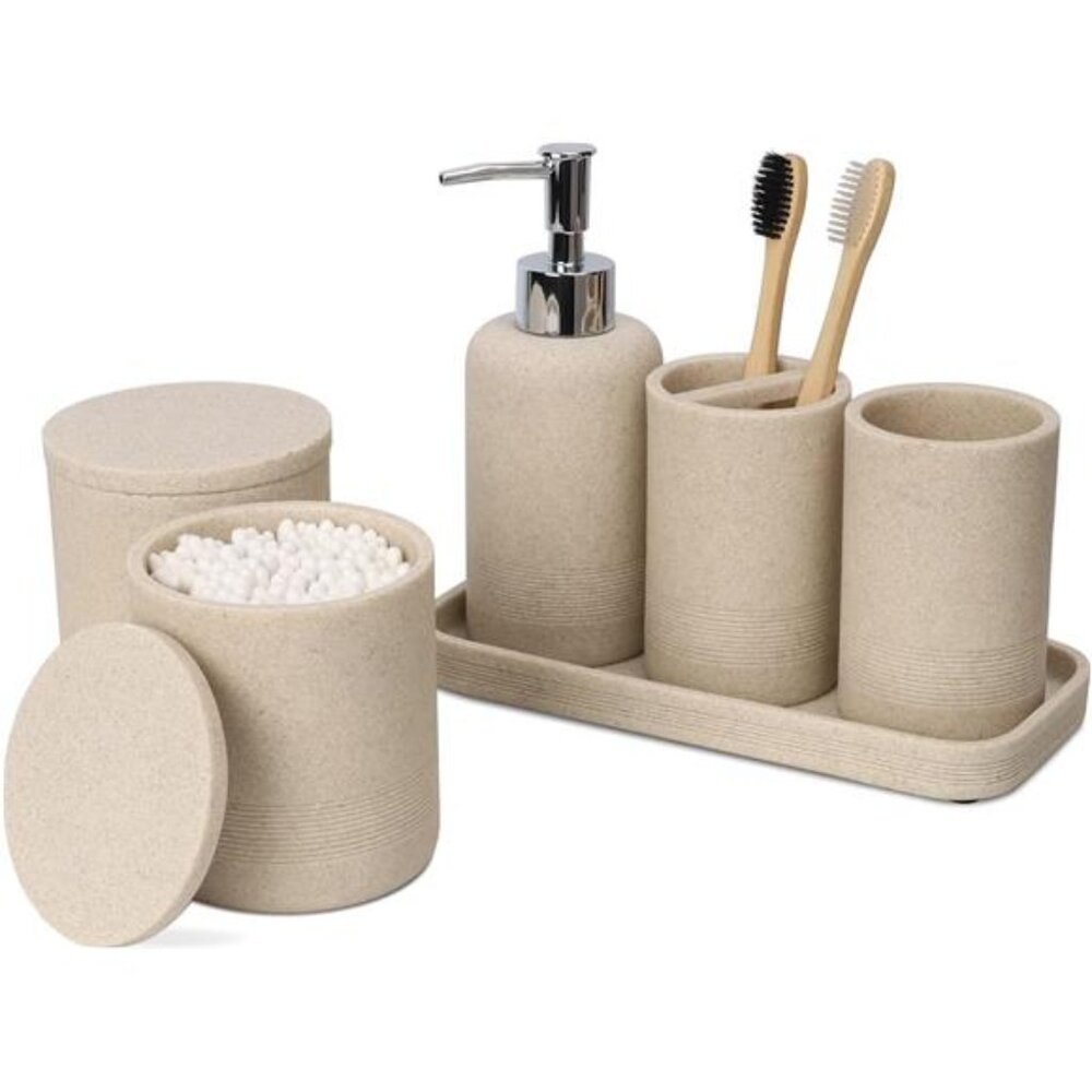 Beige Bathroom Accessories Set 6 Pcs - Toothbrush Holder, Lotion Soap Dispenser